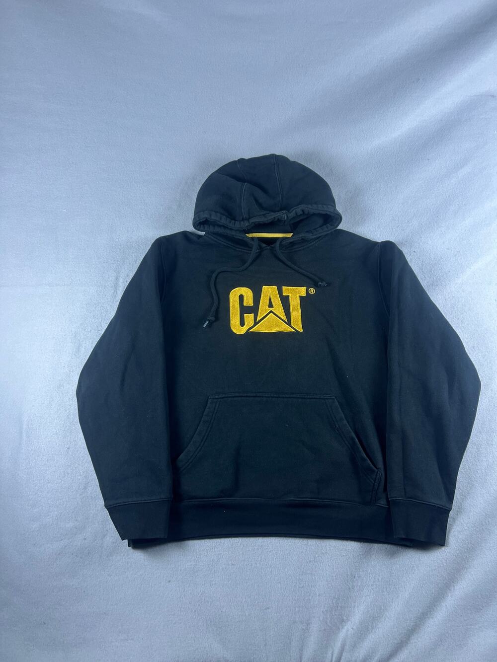 Caterpillar Hoodie Mens XL Black Yellow CAT Spellout Embroider Fleece Sweatshirt